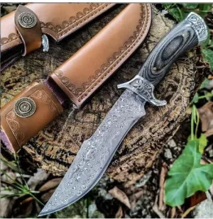 10.75" Damascus Hunting Knife with Sheath, Fixed Blade Bowie Knife with Wood Handle, for Hunting, Camping, Survival, Outdoor Use – Collectible & Functional Tool