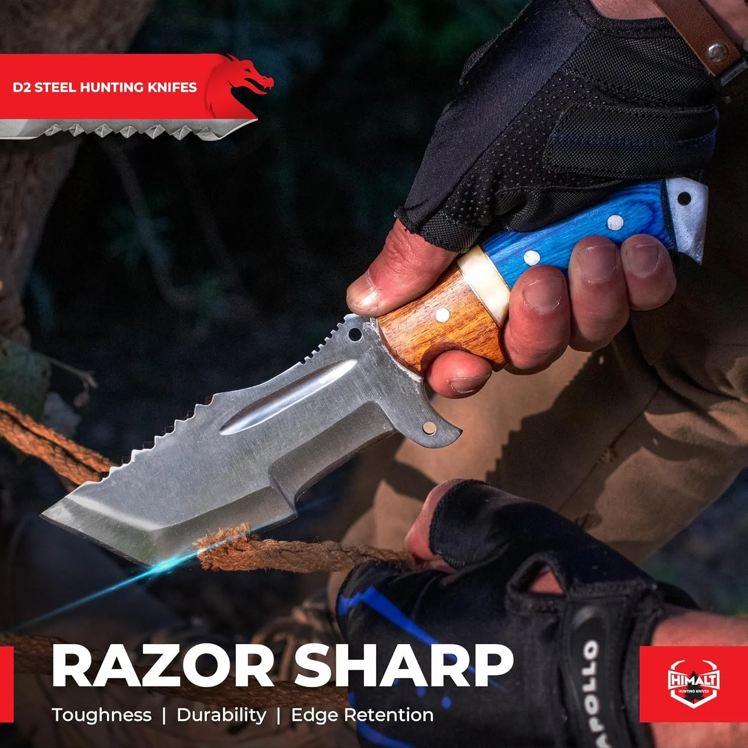 10"Handmade D2 Steel Tracker knife- Fixed Blade Survival, Bushcraft,Hunting Knife With Sheath-Pakka Blue Wood, Camel Bone & Rosewood Handle-Full Tang-Ideal For EDC,camping skinning, Outdoor-Best Hunting Knives For Men.