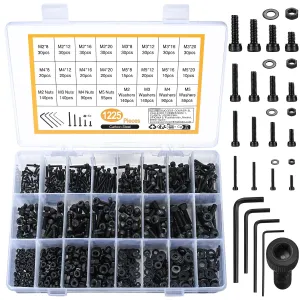 1225 Pcs M2 M3 M4 M5 Hex Button Socket Head Cap Screws Bolts Nuts Flat Washers Assortment Kit, Alloy Steel Black Machine Screws and Nuts and Bolts and Washers Set (1225 Black Cup Head)