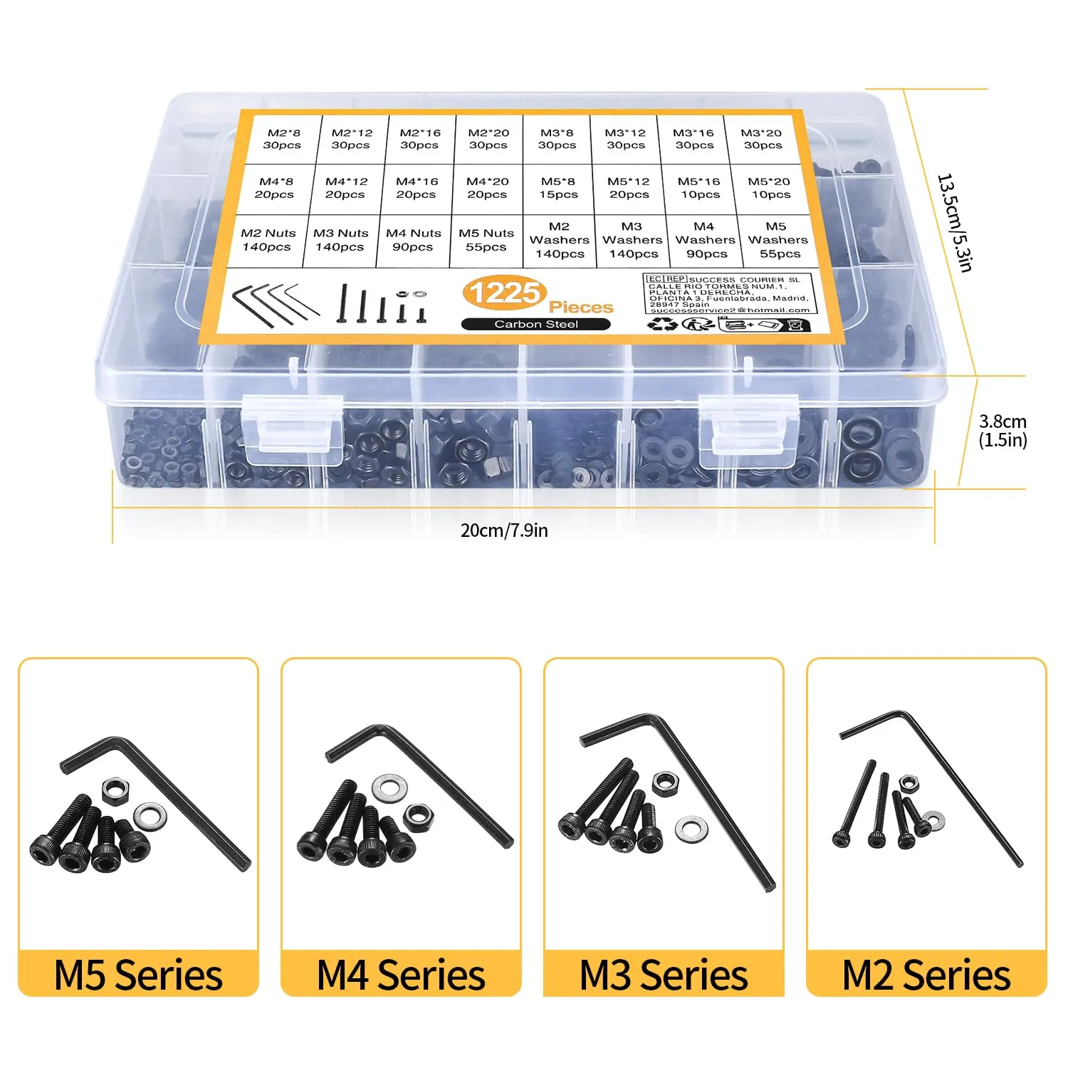 1225 Pcs M2 M3 M4 M5 Hex Button Socket Head Cap Screws Bolts Nuts Flat Washers Assortment Kit, Alloy Steel Black Machine Screws and Nuts and Bolts and Washers Set (1225 Black Cup Head)
