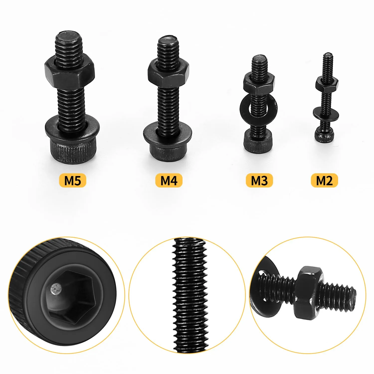 1225 Pcs M2 M3 M4 M5 Hex Button Socket Head Cap Screws Bolts Nuts Flat Washers Assortment Kit, Alloy Steel Black Machine Screws and Nuts and Bolts and Washers Set (1225 Black Cup Head)