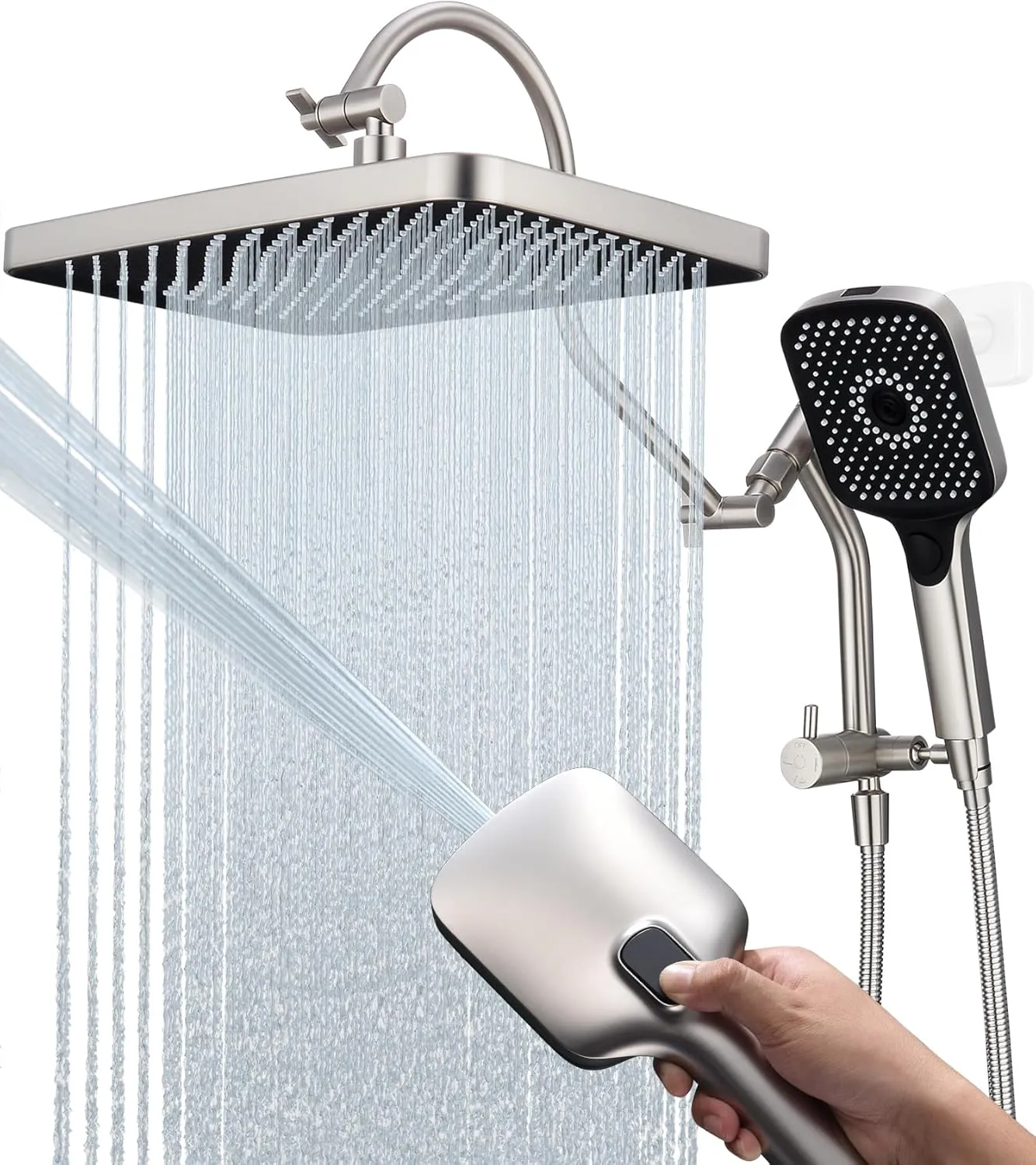13-Inch Shower Heads with Multi-Function Handheld Sprayer Combo, 3-Way Metal Extended Diverter with Holder and Metal Adjustable Curved Shower Extension Arm, Extra Long Hose Brushed Nickel