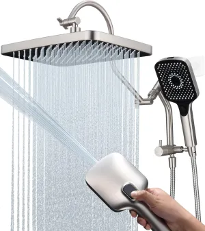 13-Inch Shower Heads with Multi-Function Handheld Sprayer Combo, 3-Way Metal Extended Diverter with Holder and Metal Adjustable Curved Shower Extension Arm, Extra Long Hose Brushed Nickel