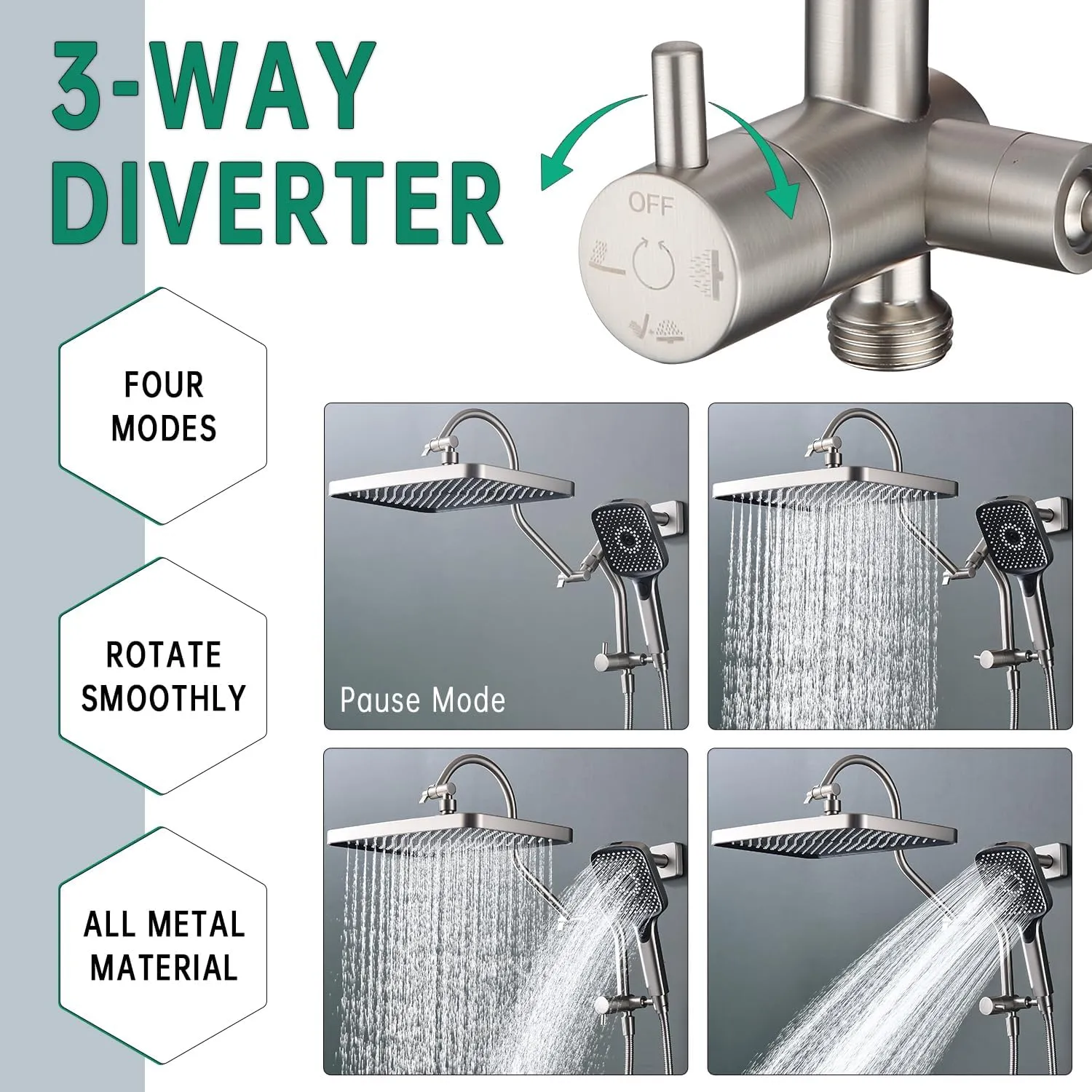 13-Inch Shower Heads with Multi-Function Handheld Sprayer Combo, 3-Way Metal Extended Diverter with Holder and Metal Adjustable Curved Shower Extension Arm, Extra Long Hose Brushed Nickel