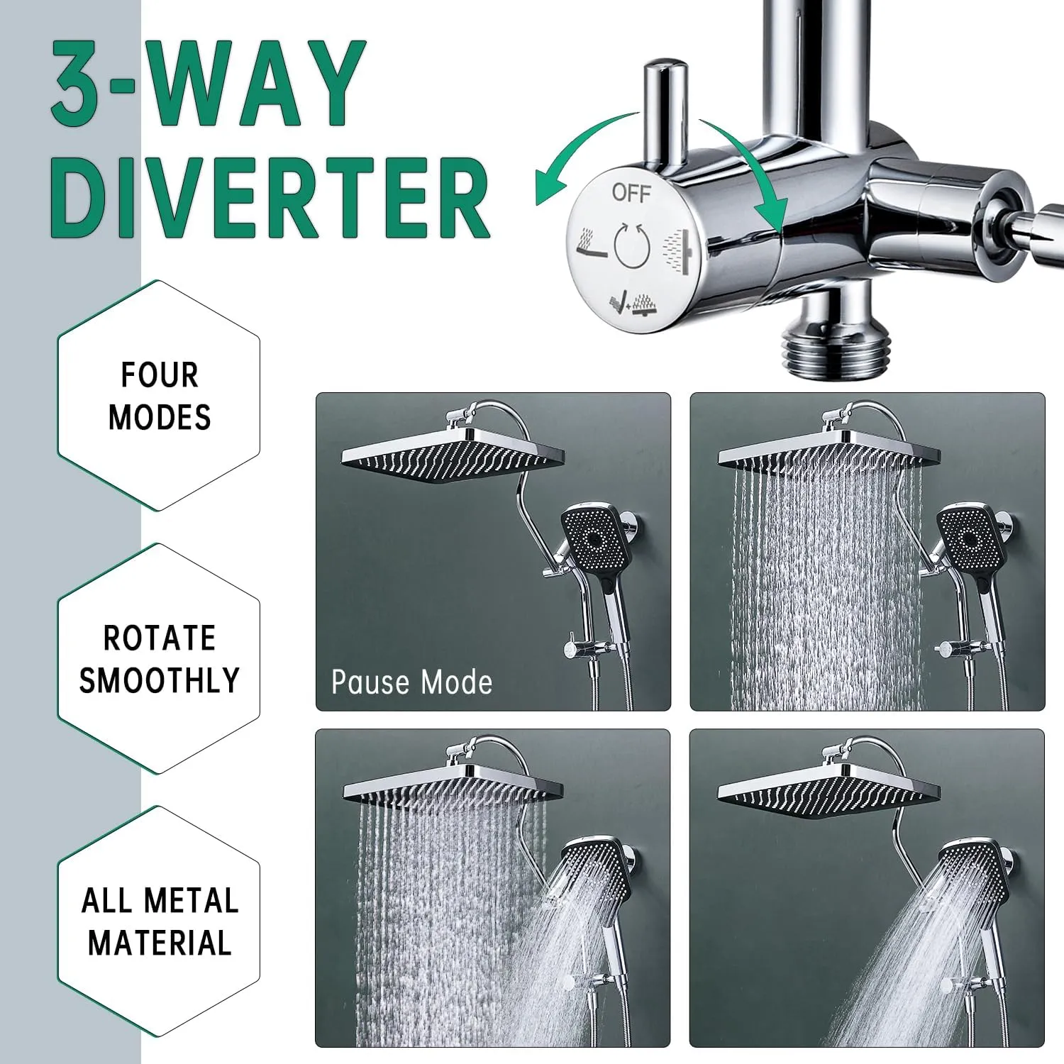 13-Inch Shower Heads with Multi-Function Handheld Sprayer Combo, 3-Way Metal Extended Diverter with Holder and Metal Adjustable Curved Shower Extension Arm, Extra Long Hose Chrome