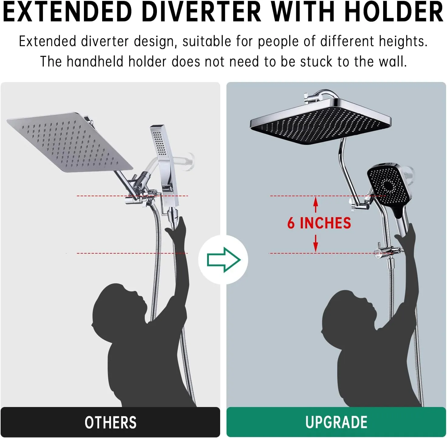 13-Inch Shower Heads with Multi-Function Handheld Sprayer Combo, 3-Way Metal Extended Diverter with Holder and Metal Adjustable Curved Shower Extension Arm, Extra Long Hose Chrome
