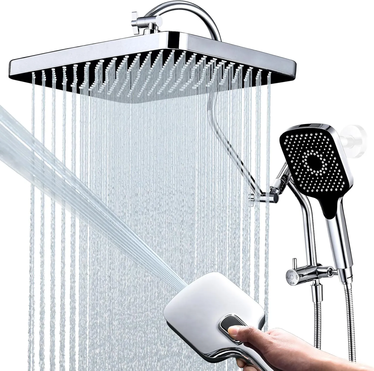 13-Inch Shower Heads with Multi-Function Handheld Sprayer Combo, 3-Way Metal Extended Diverter with Holder and Metal Adjustable Curved Shower Extension Arm, Extra Long Hose Chrome