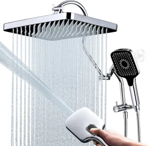 13-Inch Shower Heads with Multi-Function Handheld Sprayer Combo, 3-Way Metal Extended Diverter with Holder and Metal Adjustable Curved Shower Extension Arm, Extra Long Hose Chrome