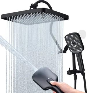 13-Inch Shower Heads with Multi-Function Handheld Sprayer Combo, 3-Way Metal Extended Diverter with Holder and Metal Adjustable Curved Shower Extension Arm, Extra Long Hose Matte Black