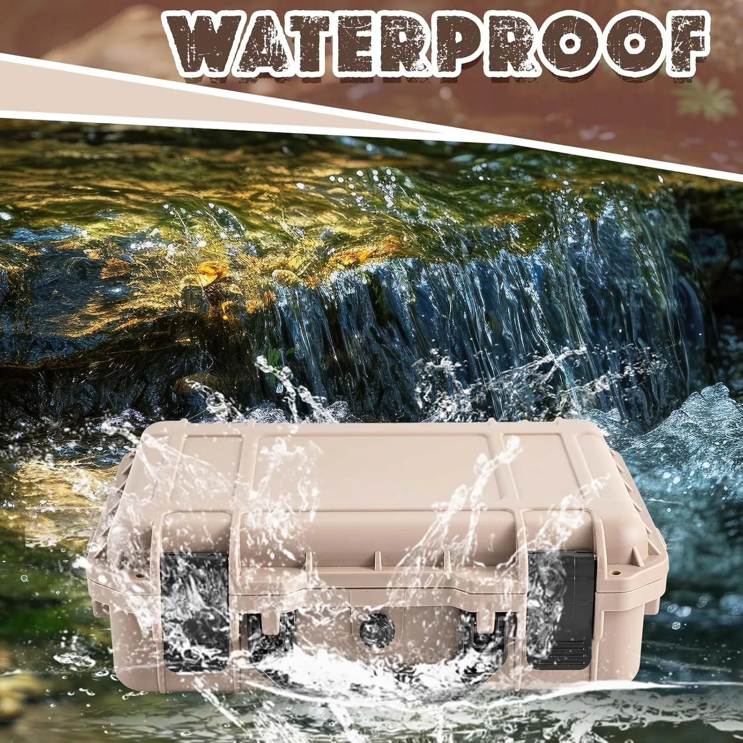 14.3 x 11.4 x 4.5 Inch Waterproof Hard Case with DIY Customizable Foam Insert Portable Protective Case with Knife for Camera Drones Equipments Tools Test Instruments (Tan)