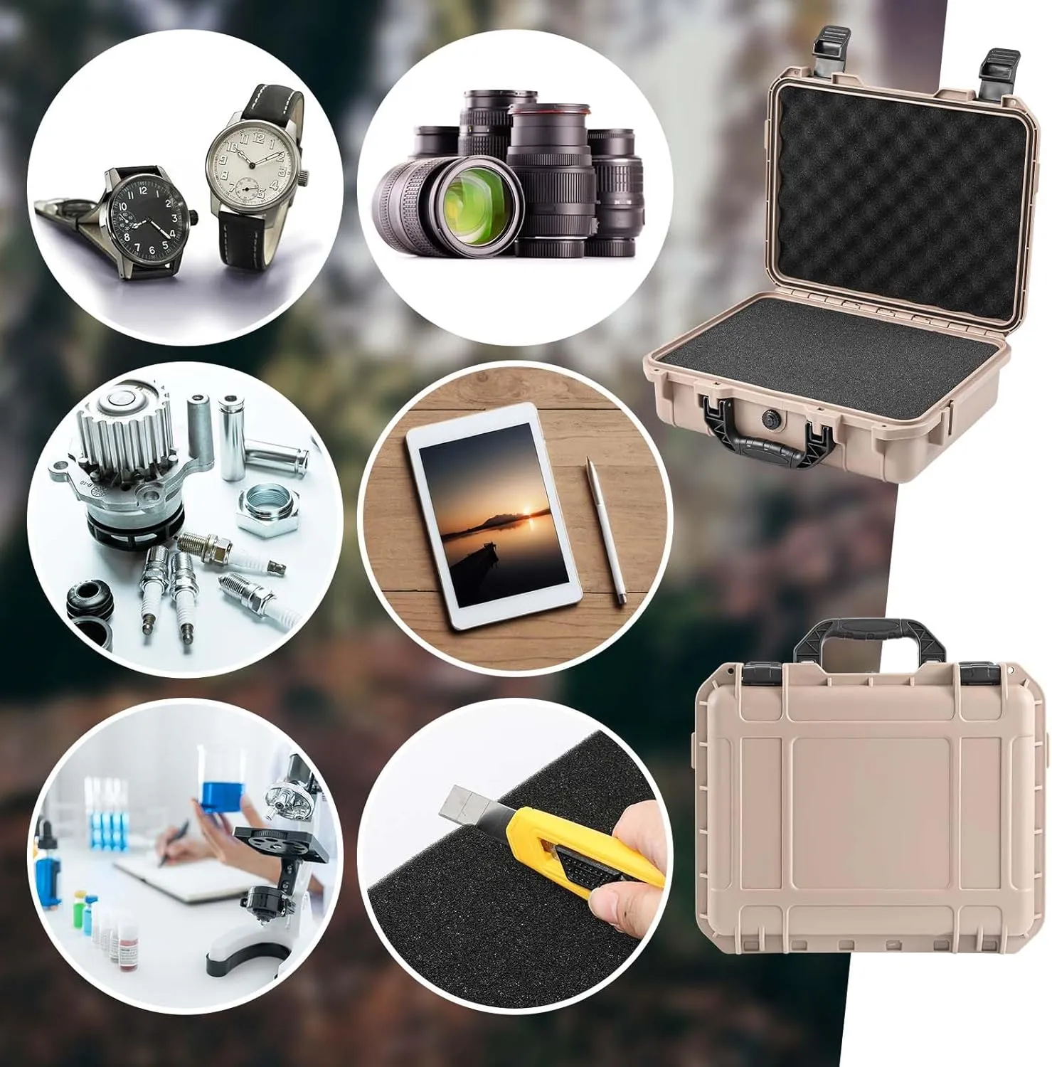 14.3 x 11.4 x 4.5 Inch Waterproof Hard Case with DIY Customizable Foam Insert Portable Protective Case with Knife for Camera Drones Equipments Tools Test Instruments (Tan)