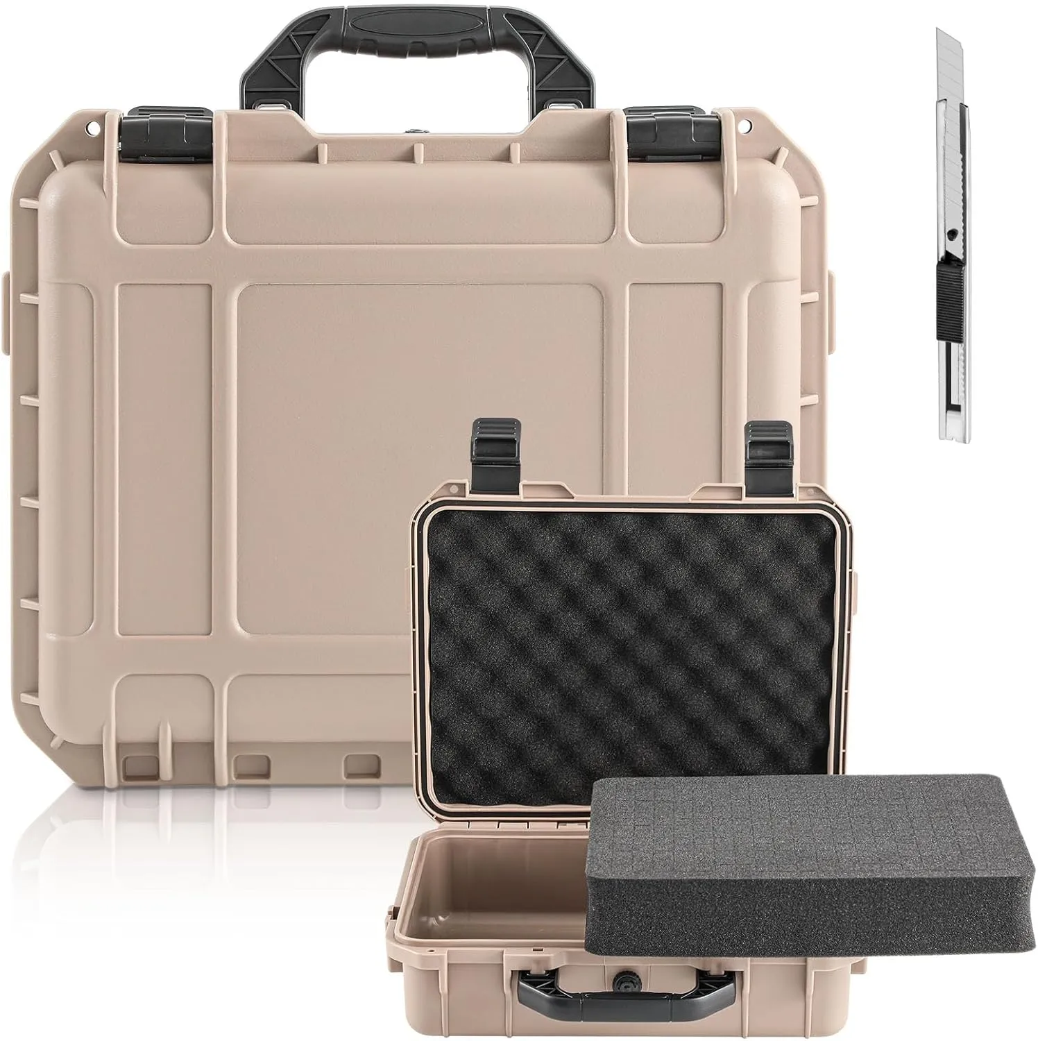 14.3 x 11.4 x 4.5 Inch Waterproof Hard Case with DIY Customizable Foam Insert Portable Protective Case with Knife for Camera Drones Equipments Tools Test Instruments (Tan)