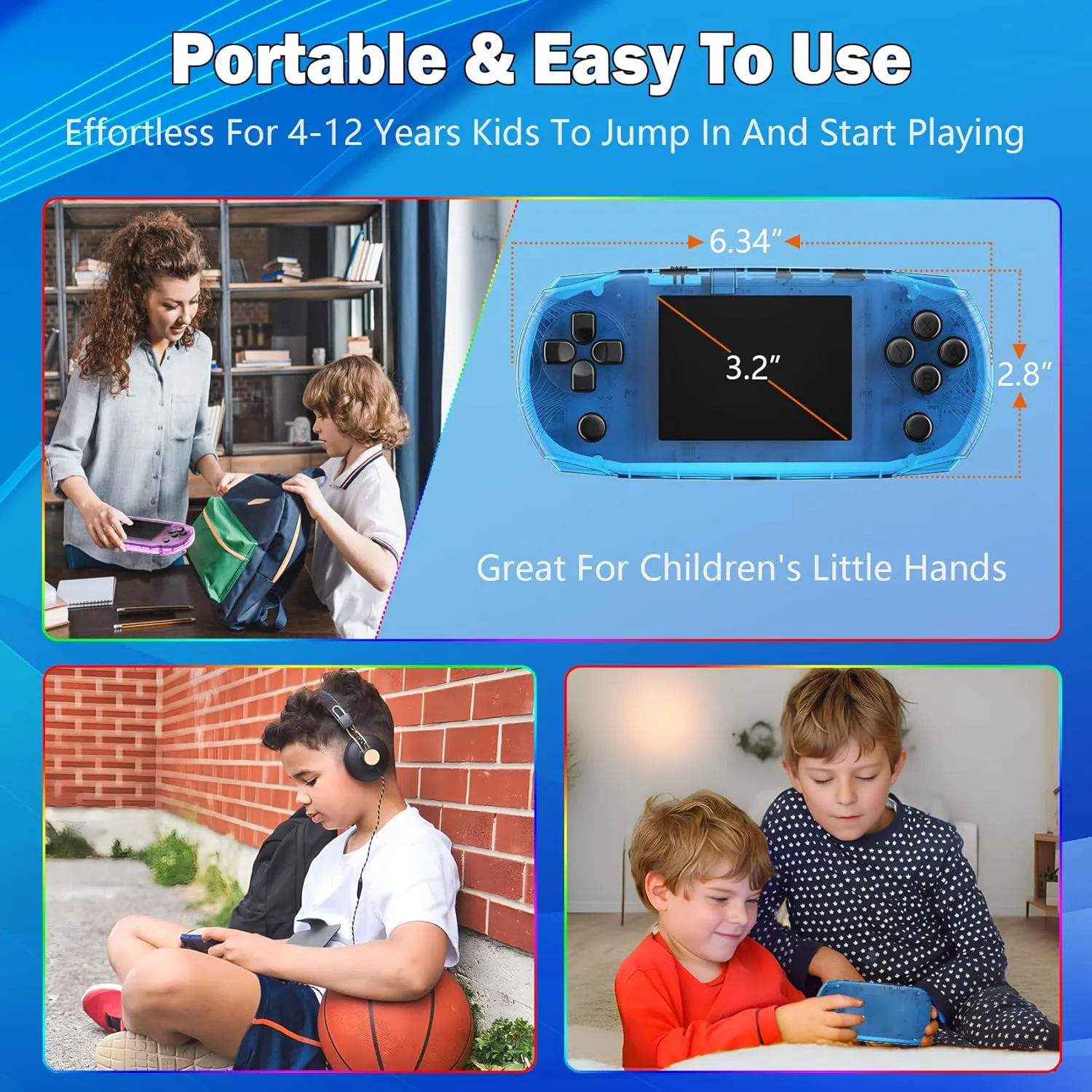 16 Bit Handheld Game Toys for Kids,3.2'' IPS HD Big Screen,Built in 100 Video Games,Boys Girls Portable Rechargeable Gaming Device,Children's Party Easter Birthday Xmas Gift (T-Blue)