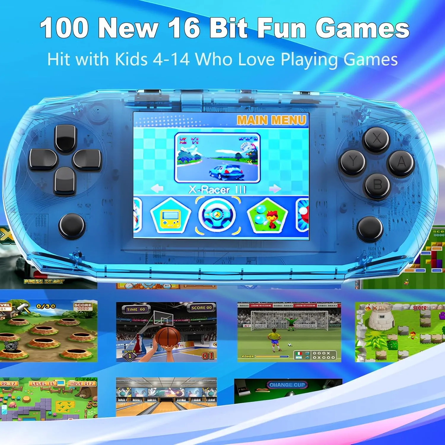 16 Bit Handheld Game Toys for Kids,3.2'' IPS HD Big Screen,Built in 100 Video Games,Boys Girls Portable Rechargeable Gaming Device,Children's Party Easter Birthday Xmas Gift (T-Blue)