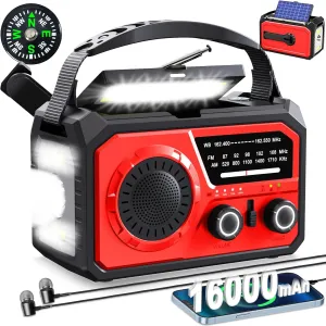 16000mAh Hand Crank Emergency Weather Radio with Wireless Speaker, 59200mWh NOAA AM FM Solar Radio with Flashlight Cell Phone Charger Reading Lamp Compass SOS for Camping and Survival (Red)