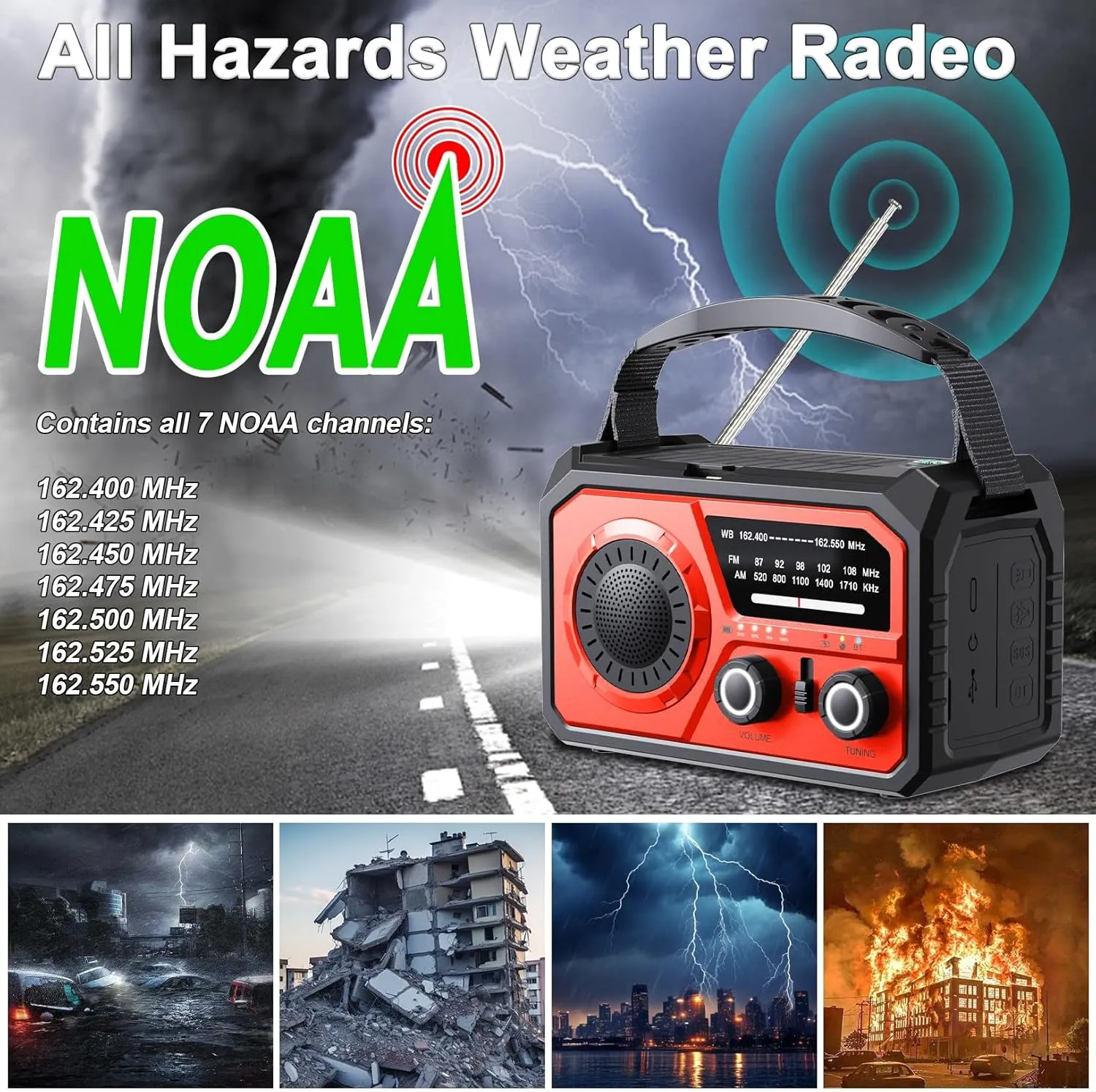 16000mAh Hand Crank Emergency Weather Radio with Wireless Speaker, 59200mWh NOAA AM FM Solar Radio with Flashlight Cell Phone Charger Reading Lamp Compass SOS for Camping and Survival (Red)