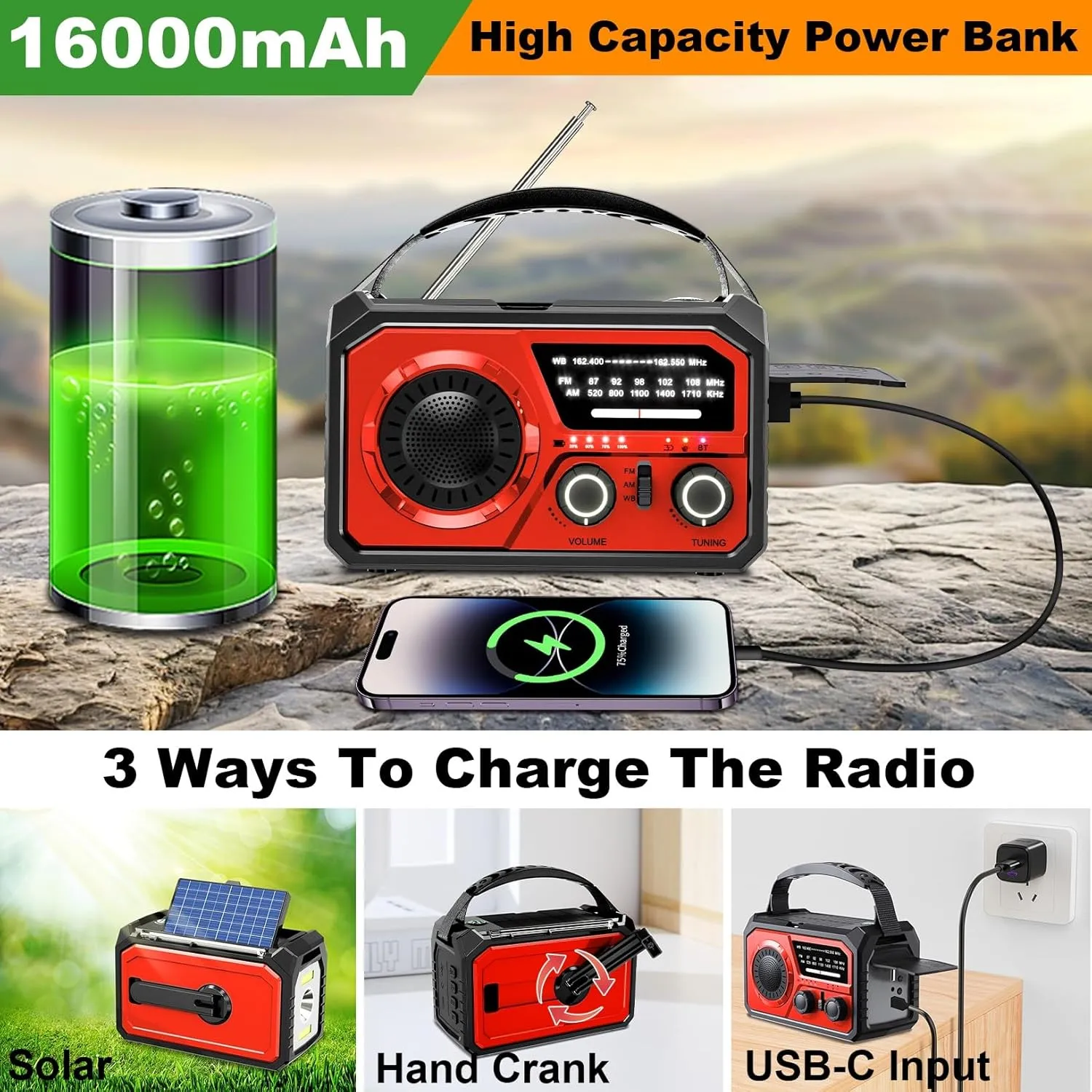 16000mAh Hand Crank Emergency Weather Radio with Wireless Speaker, 59200mWh NOAA AM FM Solar Radio with Flashlight Cell Phone Charger Reading Lamp Compass SOS for Camping and Survival (Red)