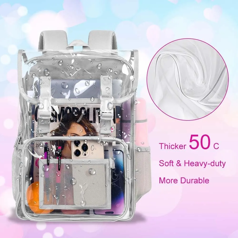 17" Flip Top Clear Backpack for Boys, 3Pcs Stadium Approved Set, Waterproof Transparent Bookbag for Campus/School (Grey)