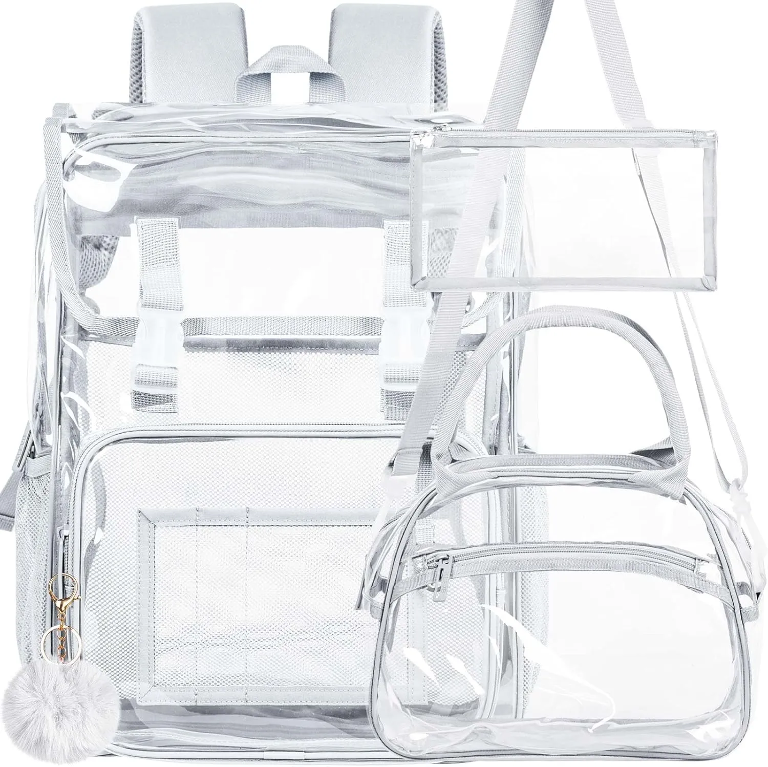 17" Flip Top Clear Backpack for Boys, 3Pcs Stadium Approved Set, Waterproof Transparent Bookbag for Campus/School (Grey)