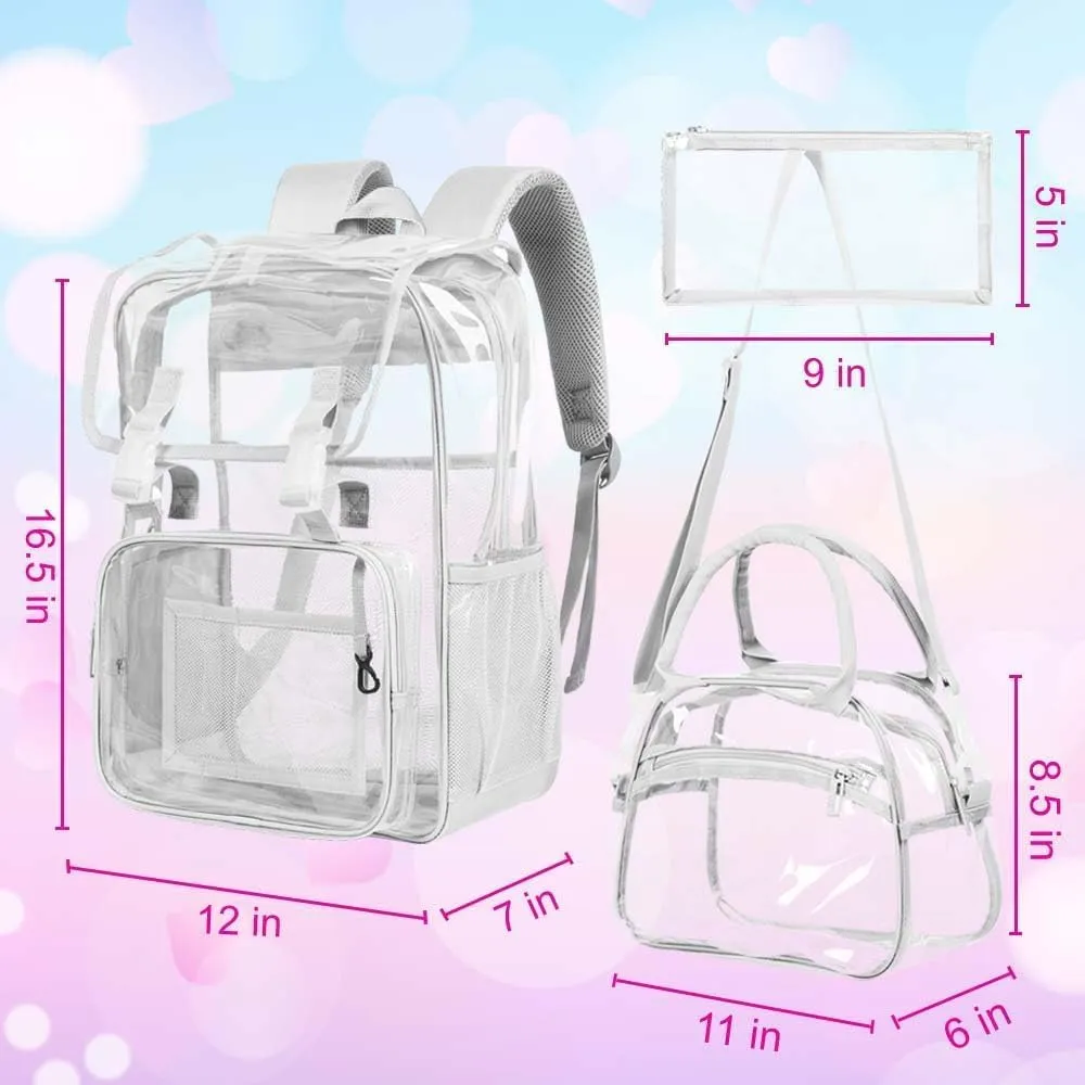 17" Flip Top Clear Backpack for Boys, 3Pcs Stadium Approved Set, Waterproof Transparent Bookbag for Campus/School (Grey)