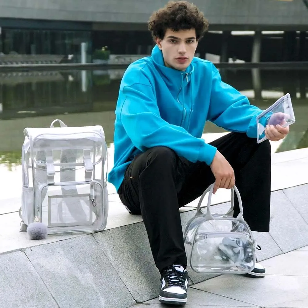 17" Flip Top Clear Backpack for Boys, 3Pcs Stadium Approved Set, Waterproof Transparent Bookbag for Campus/School (Grey)