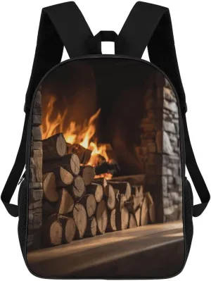 17" Stylish Backpack Wood on Fireplace Printing Travel Business Work Bag Lightweight High-capacity Travel Casual Daypack