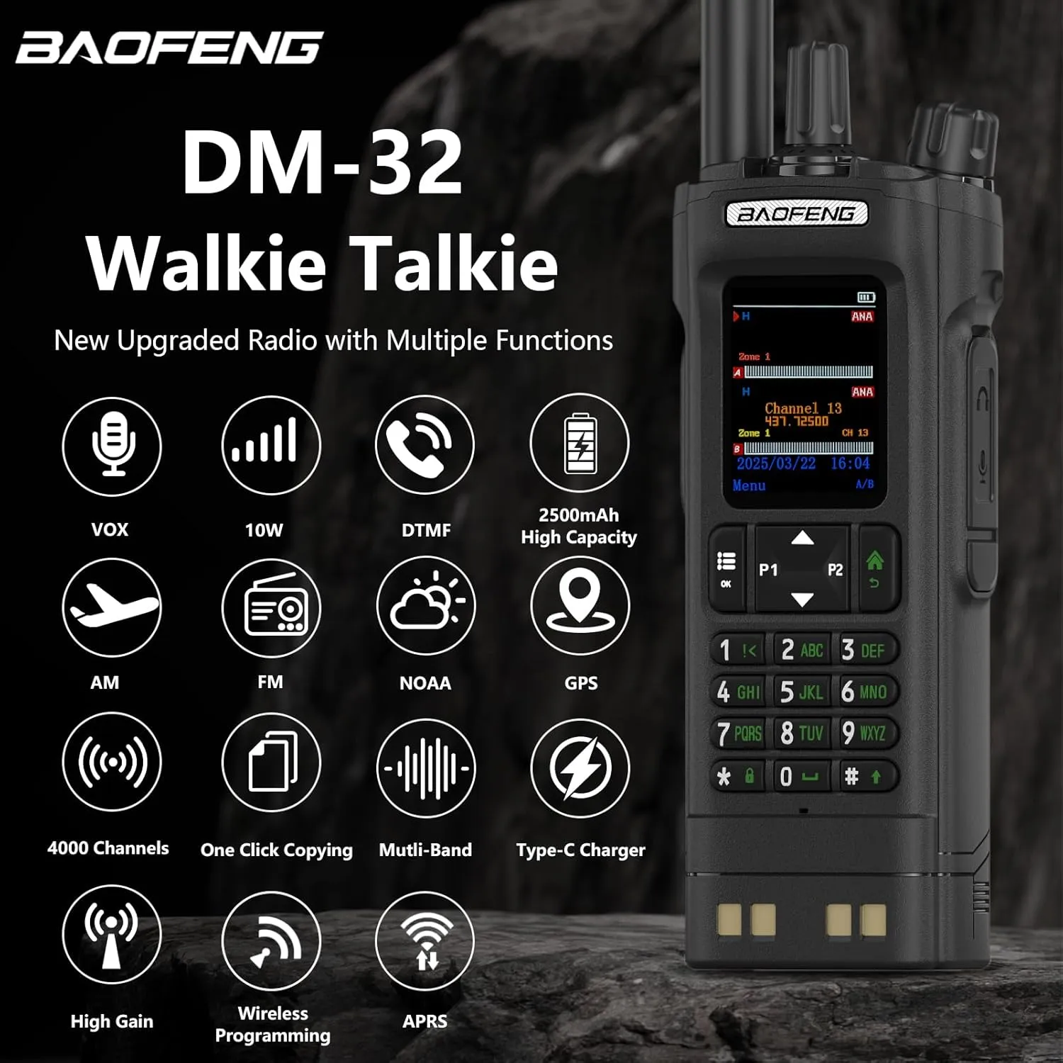 2 Pack BAOFENG DM-32 DMR Radio 10W High Power Handheld Radio GPS/APRS Two Way Raido USB-C Charging Multi-Band FM/AM Wakkie Talkie DM32