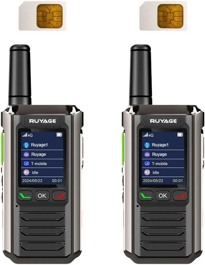 2-Pack Ruyage Walkie Talkies with Sim Cards - Handheld PoC Two Way Radios Unlimited Range - Rechargeable PTT Push to Talk Over Cellular Radio Long Range (R0)