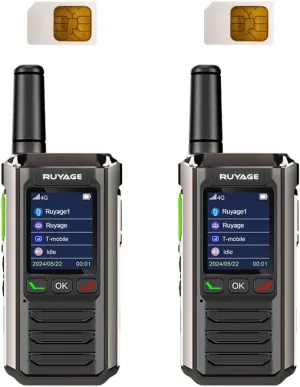 2-Pack Ruyage Walkie Talkies with Sim Cards - Handheld PoC Two Way Radios Unlimited Range - Rechargeable PTT Push to Talk Over Cellular Radio Long Range (R0)