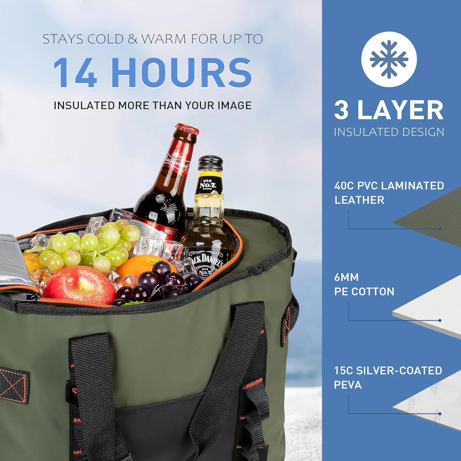 20 Cans Insulated Cooler Bag, Collapsible Leakproof Outdoor Portable Cooler with Zippered, Reusable Portable Grocery Cooler Bags for Travel, Picnic, Camping, Kayaking