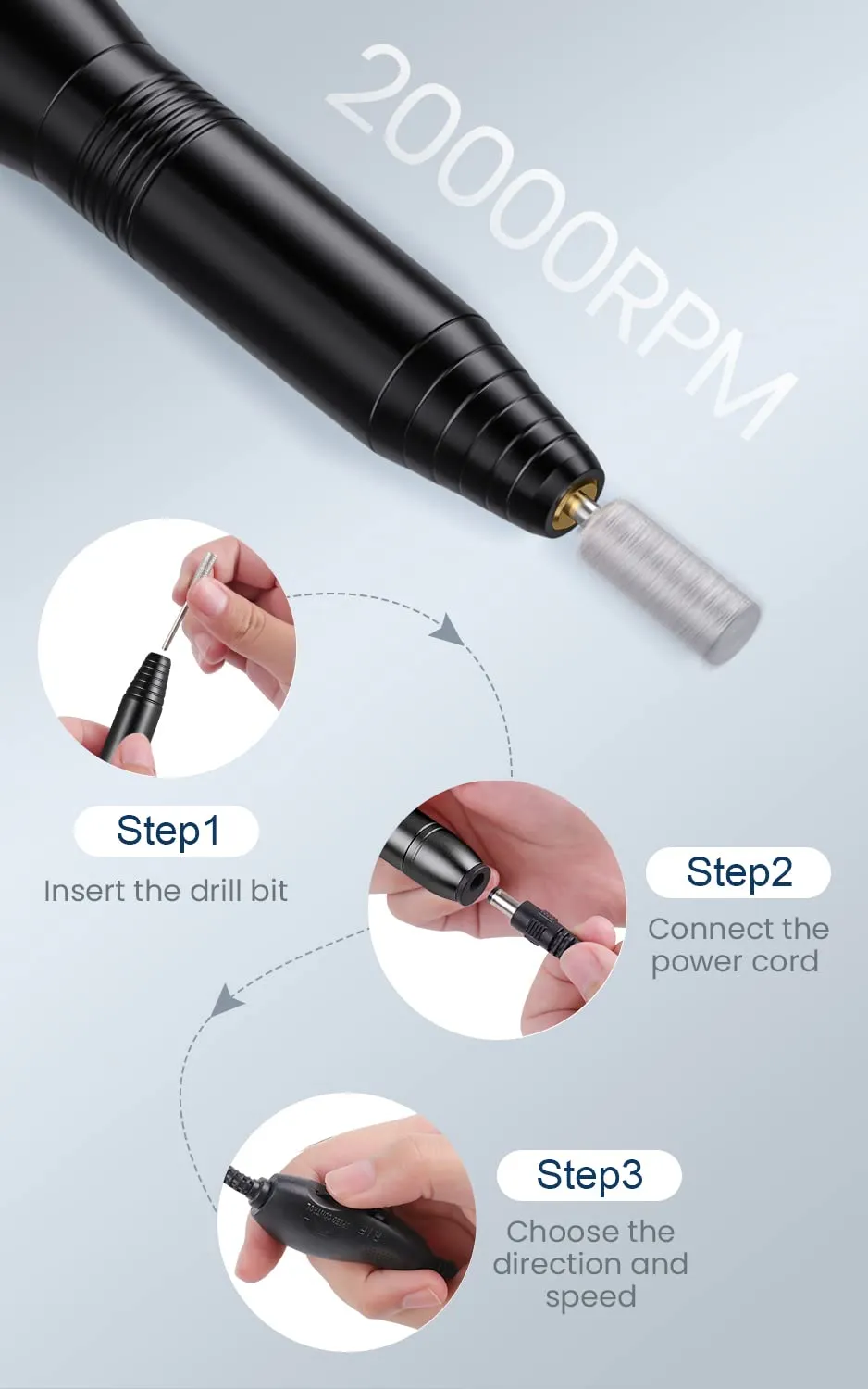20000RPM USB PortaPortable Electric Nail Drill, Professional 20000 RPM USB Nail Drill Efile Kit for Acrylic Nails Manicure Pedicure Polishing with 6 PCS Nail Drill Bits, Sanding Bands and Brush, Black