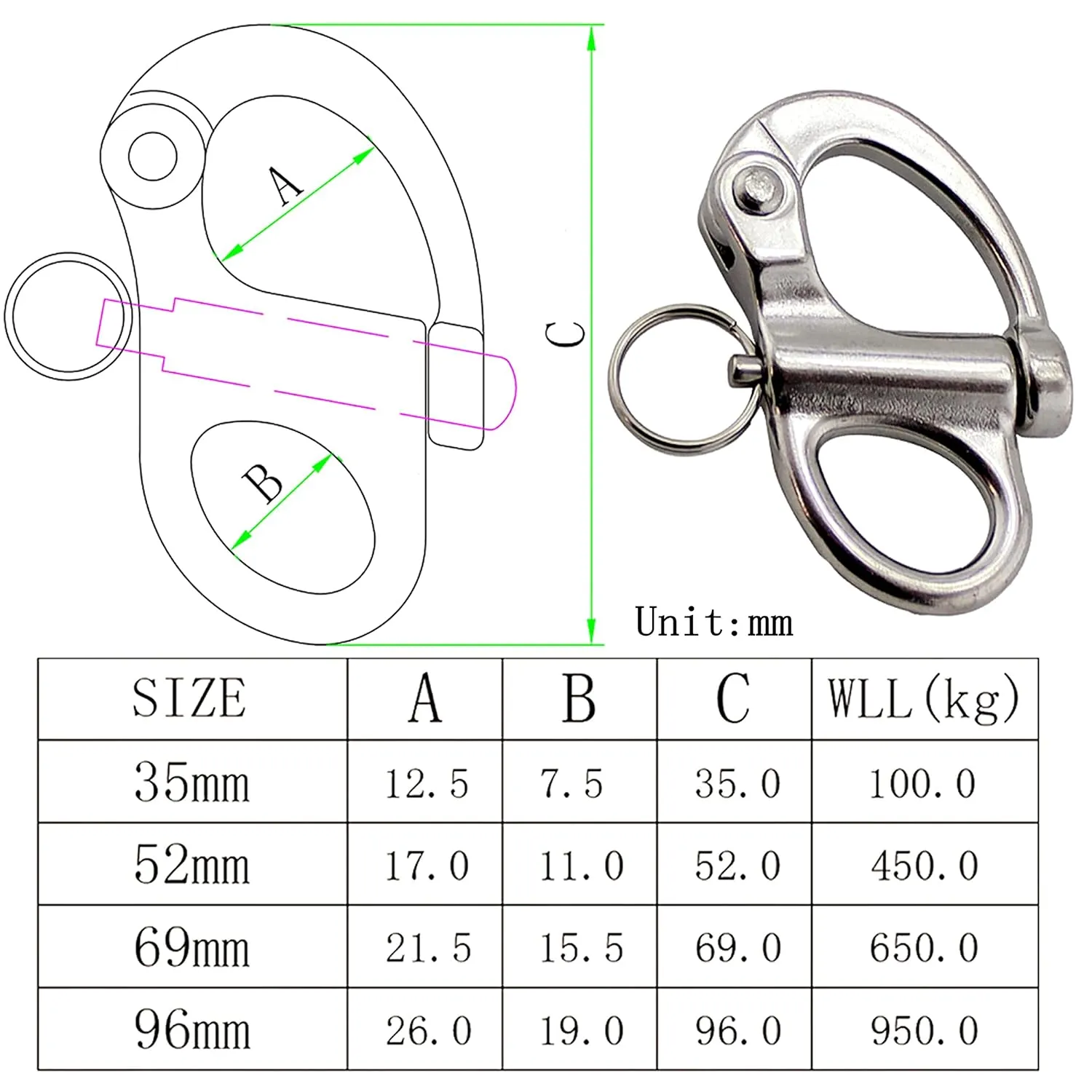 2/4 Pcs Marine 316 Stainless Steel Fixed Eye Snap Shackle, Quick Release Boat Anchor Chain Eye Jaw Swivel Stainless Snap Shackle Hook (4, 69mm)