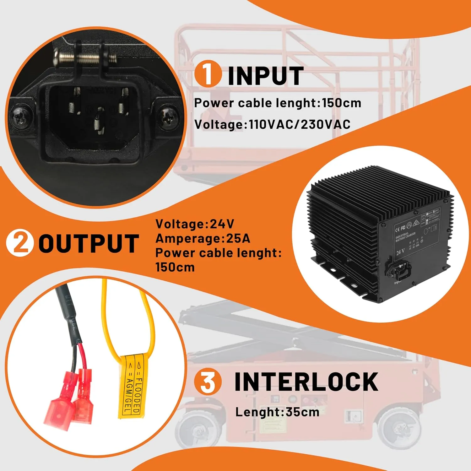 24V 25A Battery Charger Compatible with Genie/Skyjack/JLG Scissor Lift Battery Charger HB600-24B(161827, 105739, 96211, 128537), GS 1930 JLG 2030ES