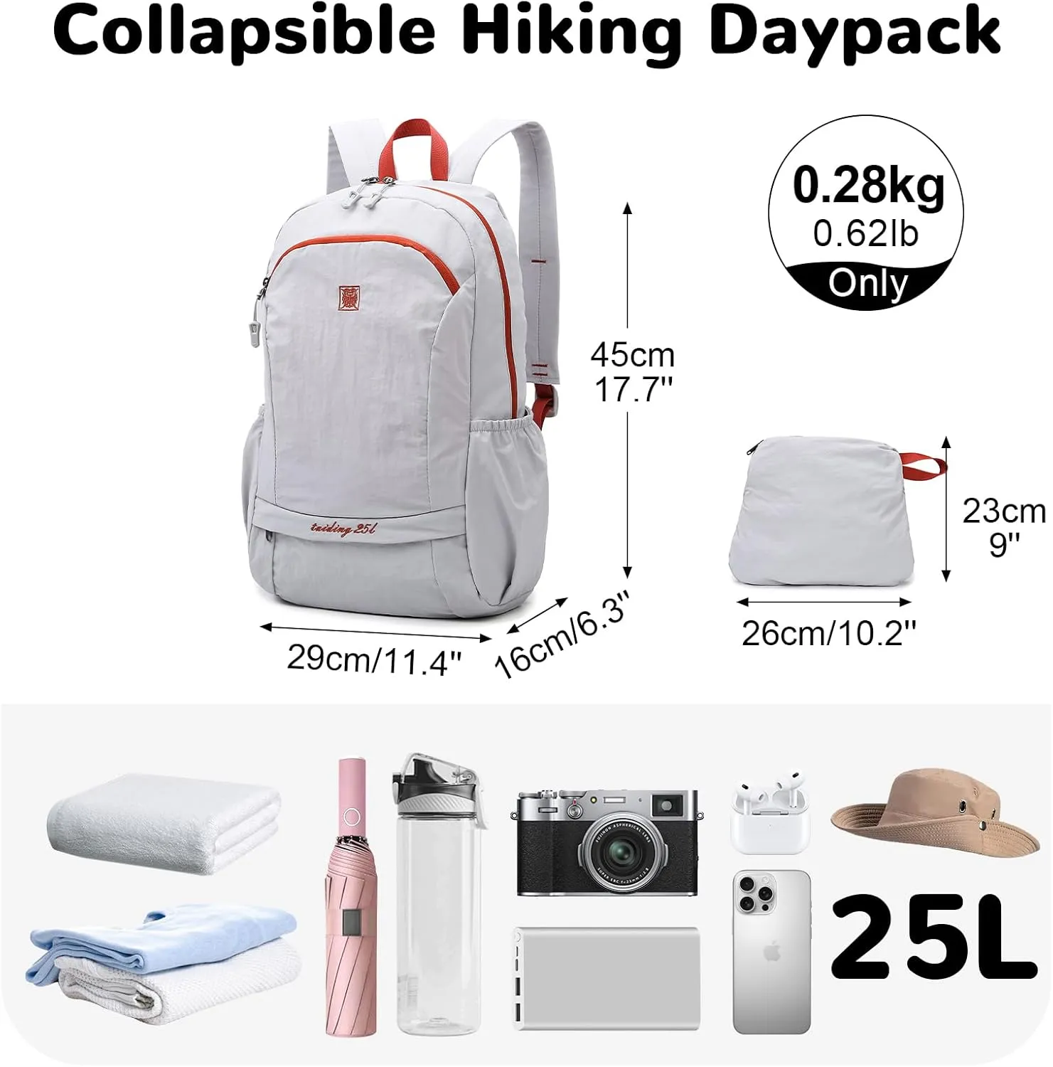 25L Foldable Hiking Backpack for Men Women, Gym Backpack with Wet Pocket, Small Packable Collapsible Daypack, White