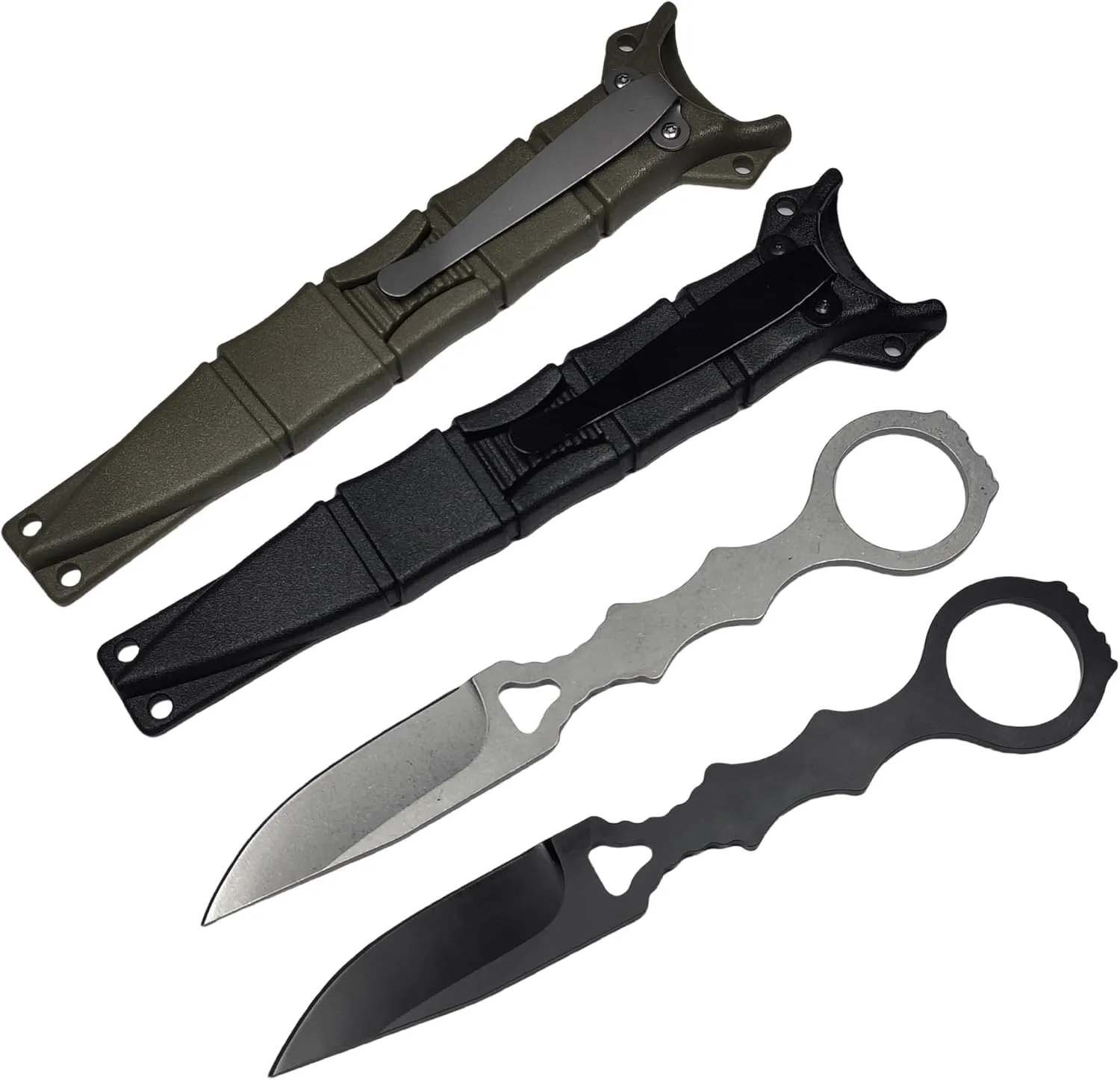 2Pcs 6.7" Tactical EDC Knife,Fixed Blade Knife with Sheath,EDC Knife,Black and Silver Droppoint Blade,Stonewash Knife with Pocket Cip For Camping Hunting Hiking Fishing Everyday Carry