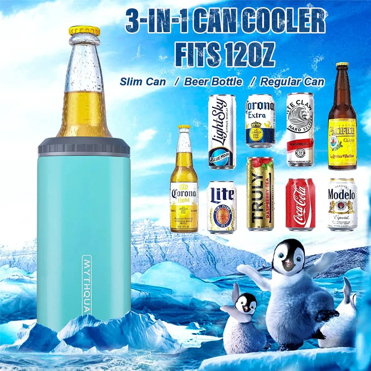 3 in 1 Slim Can Cooler for 12 OZ Skinny Can, Standard Can & Beer Bottle - Keep Cold for 6 Hours - Double Walled Insulated Stainless Steel Vacuum Beverage Can Insulator (Aqua)