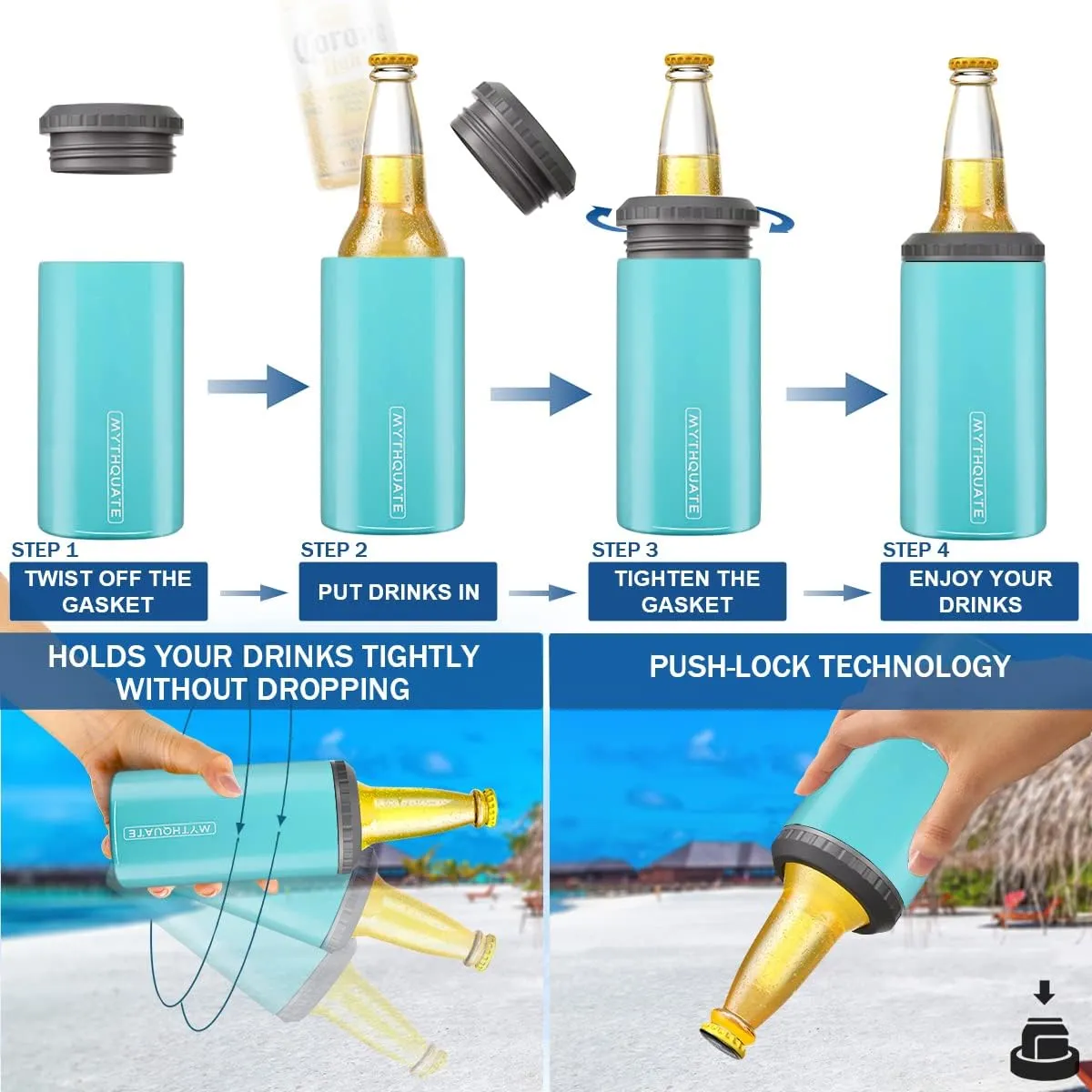 3 in 1 Slim Can Cooler for 12 OZ Skinny Can, Standard Can & Beer Bottle - Keep Cold for 6 Hours - Double Walled Insulated Stainless Steel Vacuum Beverage Can Insulator (Aqua)