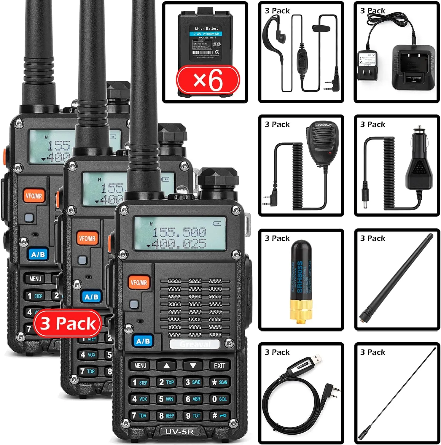 3 Pack Ham Radio Handheld (UV-5R) Long Range UHF VHF Dual Band 2-Way Radio with Rechargeable Li-ion Battery Handheld Walkie Talkies Complete Set with Earpiece and Programming Cable (3 Pack)
