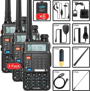 3 Pack Ham Radio Handheld (UV-5R) Long Range UHF VHF Dual Band 2-Way Radio with Rechargeable Li-ion Battery Handheld Walkie Talkies Complete Set with Earpiece and Programming Cable (3 Pack)