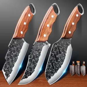 3 Piexcs Hand forged chef's knife kitchen knife set, with Solid Wood Handle & leather Knife Sheath. Suitable for Outdoor camping BBQ, Meat Cleaver Knife,Kitchen tool,