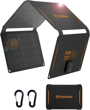 30W Solar Panel FlexSolar Solar Charger, Mini Solar Panel USB 5V, Foldable Monocrystalline Silicon Cell IP67 Waterproof, Compatible with Cell Phone, Mini Fan for Outdoor Camping, Backpacking, Hiking