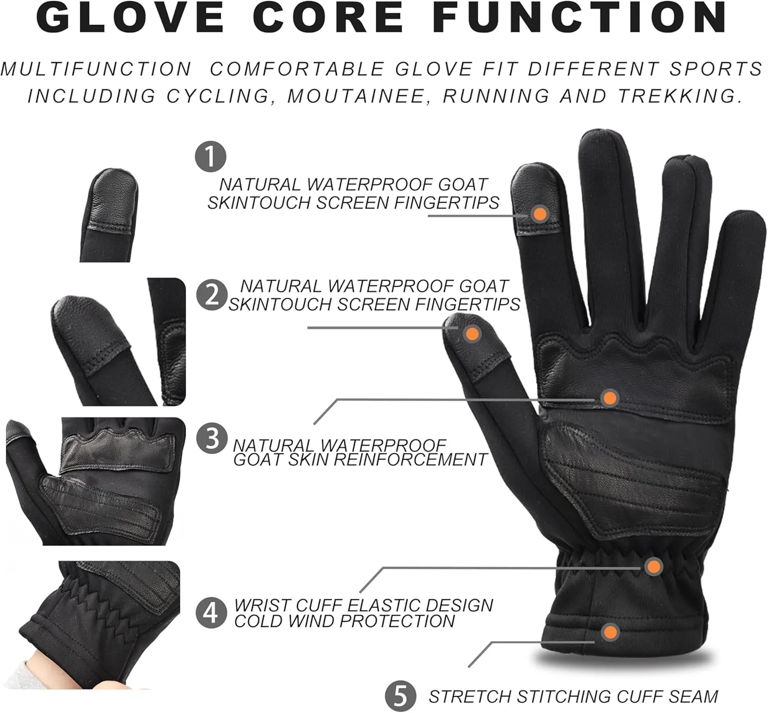 3LWindproof, Waterproof & Breathable Fabric Outdoor Mens Womens Gloves with Goat Leather Reinforced Palm & Touchscreen Function for Cycling, Hiking, Skiing, and Multi-Sport Grip