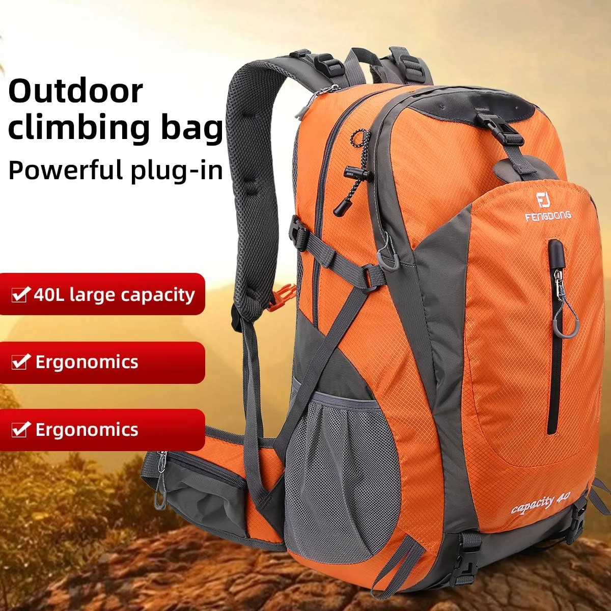 40L Waterproof Lightweight Outdoor Daypack Hiking,Camping,Travel Backpack for Men Women Orange