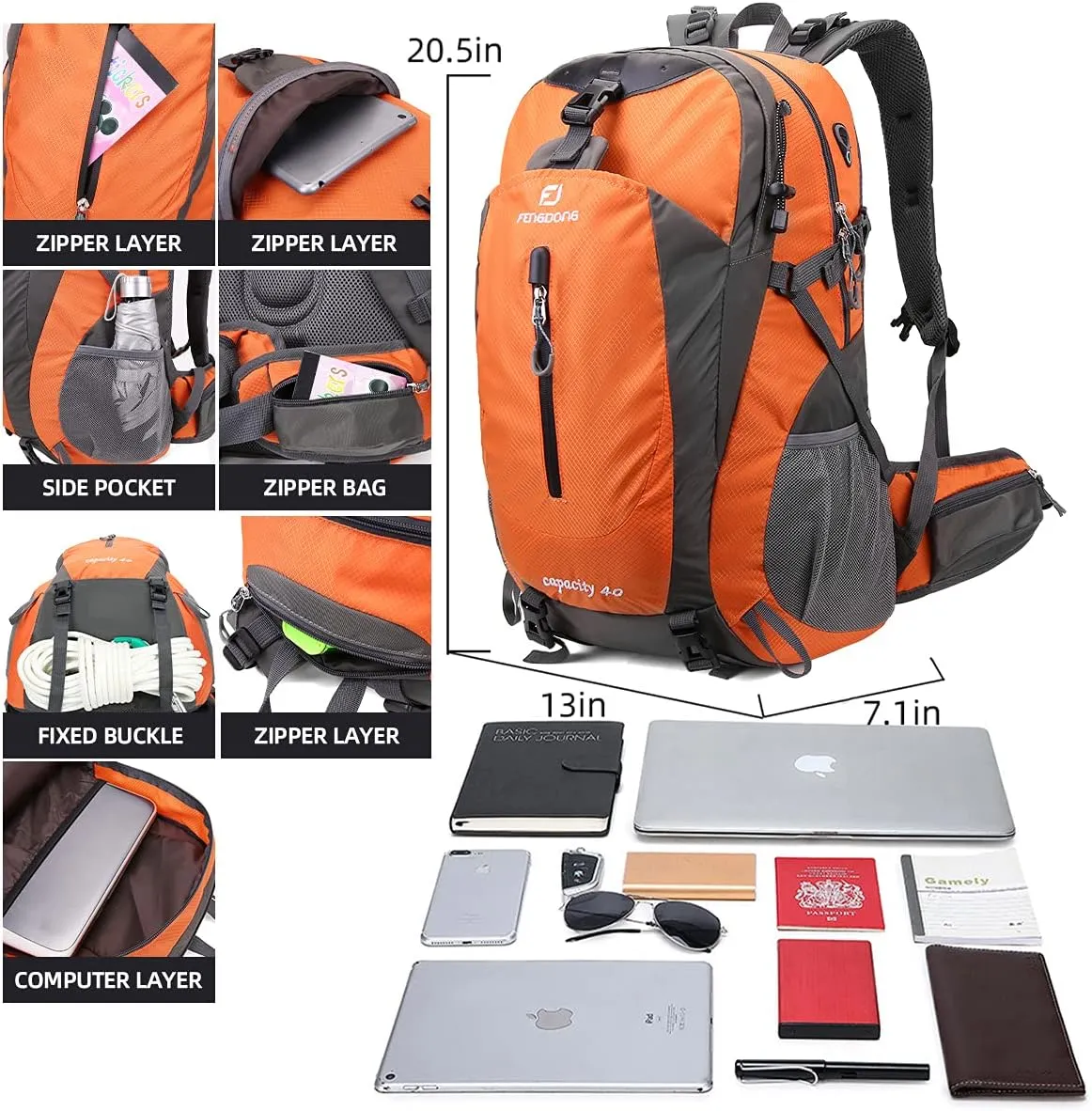 40L Waterproof Lightweight Outdoor Daypack Hiking,Camping,Travel Backpack for Men Women Orange