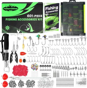 411/601-Piece Fishing Gear Accessories Kit, [2025 New] Tackle Box With Pliers, Fish Lip Grips, Hooks, Weights, Jig Heads, Swivels, 21 Pre-Made Rigs Gear for Lures