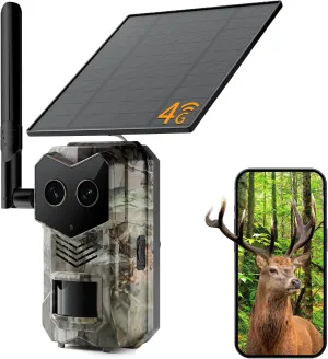 4G LTE Cellular Trail Camera with GPS, Dual Lens Trail Cam with Motion Detection, Solar Game camera that sends Pictures to Cell Phone, Waterproof Hunting camera with Color Night Vision and No-Glow IR