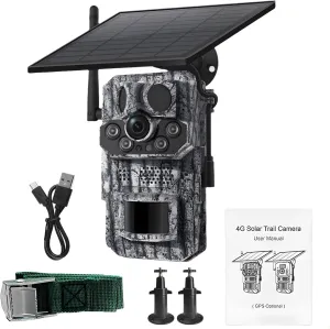 4G Solar Powered Trail Camera with GPS, Night Vision, 3Mp, for Hunting and Outdoor Surveillance, Includes Accessories and Solar Panel