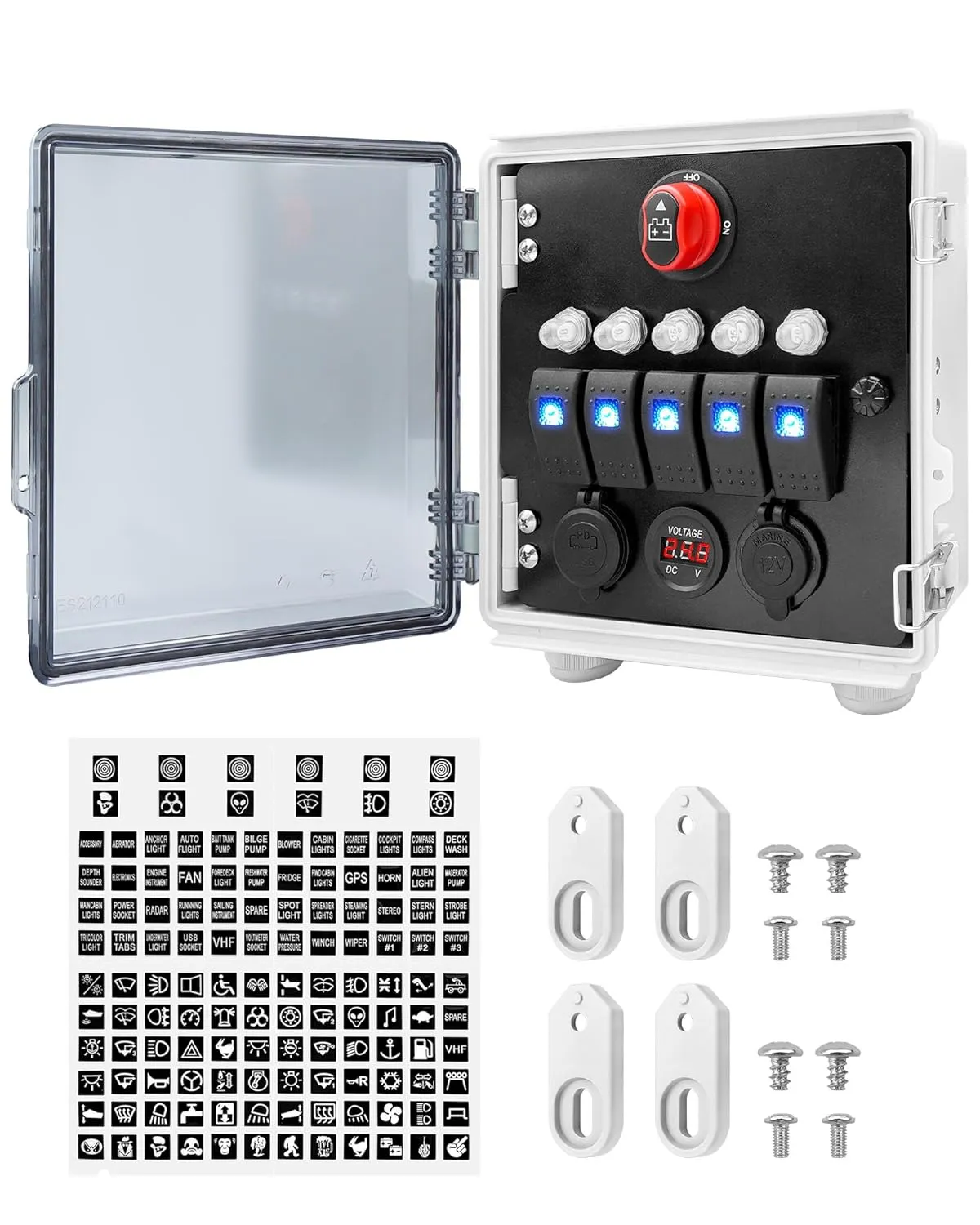 5 Gang Rocker Switch Box with Circuit Breakers PD and USB Dual Chargers Cigarette Lighter Socket Voltmeter, Waterproof Marine Toggle Switch Panel for Boat RV ATV UTV Car Truck