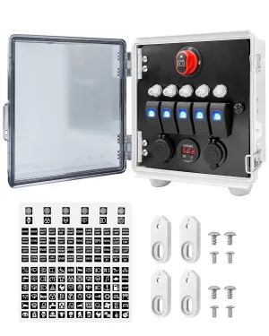 5 Gang Rocker Switch Box with Circuit Breakers PD and USB Dual Chargers Cigarette Lighter Socket Voltmeter, Waterproof Marine Toggle Switch Panel for Boat RV ATV UTV Car Truck