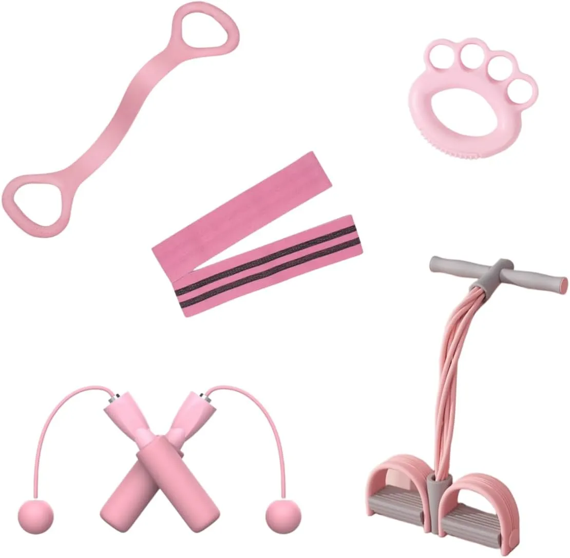 5 PCS Home Fitness Kit, Pink, Includes Jump Rope, Resistance Bands, Pedal Puller, Back Stretcher, Hand Grip